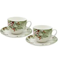 Duo 2 Keramiek Mokken met Schotels KERSTBLADEREN