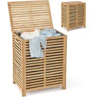 Costway Wasmand met deksel, groot, 80 liter wasverzamelaar, bamboe, wasbox met waszak, uitneembaar en wasbaar, voor badkamer, slaapkamer, woonkamer