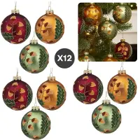Cheqo Glazen Kerstballen - Set van 12 - Mat Kerstballen - 8 CM Diameter - Rood Groen Goud - Kerstboomversiering - Kerstversiering - Goudkleurig Kapje - Rode Kerstballen Set