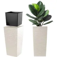 Kadax Bloempot bloembak van kunststof plantenbak voor bloemen binnen en buiten tuin balkon terras huis weerbestendig imitatie rotan (68 cm hoog crème)