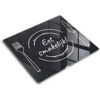 Wallfluent Glazen Snijplanken - Eet smakelijk! Snijplanken Glas - 60 cm x 52 cm - Zwart Snijplanken van Glas - Glazen Snijplank - Design Glazen Snijplank Keuken - Antislip Glazen Serveerplank