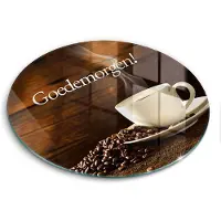 Wallfluent Glazen Snijplanken - Goedemorgen! Kopje koffie Snijplanken Glas - fi40 cm - Bruin Snijplanken van Glas - Glazen Serveerplank - Glazen Snijplank Voor Keuken - Antislip Glazen Snijplank