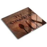 Wallfluent Glazen Snijplanken - Motief: Eet smakelijk! Snijplanken Glas - 60 cm x 52 cm - Bruin Snijplanken van Glas - Glazen Keukenplank - Hygiënische Snijplank van Glas - Antislip Hakplank van Glas
