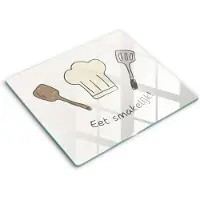 Wallfluent Glazen Snijplanken - Eet smakelijk! Snijplanken Glas - 60 cm x 52 cm - Wit Snijplanken van Glas - Glazen Keukenplank - Snijplank van Glas met Print - Antislip Keuken Snijplank Glas