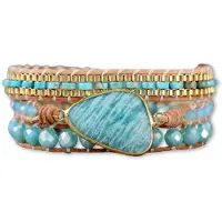 Marama - wikkelarmband Blue Lake - damesarmband - leer - edelsteen Amazoniet - gouden details - one size fits all - cadeau dames