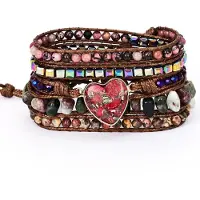 Marama - Wikkelarmband Red Heart - Vegan leer - Natuursteen - Dames Armband - Hartje - Geschenkdoosje