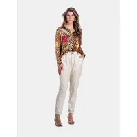 Mucho Gusto Blouse monza in zijde met camel luipaard print en multicolor luipaarden