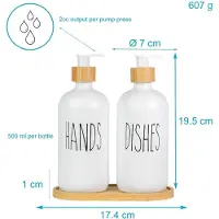 Intirilife 3-delige Glazen Zeepdispenser Set in Wit met Bamboe Dienblad - Inhoud van 500 ml - 17.5 x 8.8 x 20.6 cm - 2 pompflessen voor zeep en afwasmiddel