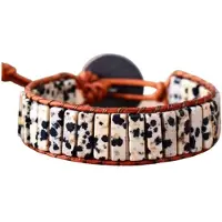 Marama - armband Dalmatiër Jaspis - lichtbruin leer - verstelbaar - edelsteen - 20 cm - cadeautje voor haar