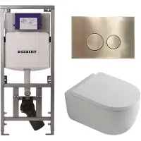 Geberit QeramiQ Dely Swirl Toiletset - 36.3x51.7cm - diepspoel - rimless - UP320 inbouwreservoir - met Burda frame - 35mm zitting - geborsteld messing bedieningsplaat - ronde knoppen - wit mat