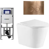 Geberit QeramiQ Dely Toiletset - 36.3x51.7cm - diepspoel - rimless - UP320 inbouwreservoir - met Burda frame - softclose toiletzitting - koperen bedieningsplaat - ronde knoppen - wit glans