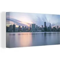 MuchoWow Canvas schilderij 160x80 cm - Wanddecoratie Manhattan - Skyline - Water - Muurdecoratie woonkamer - Slaapkamer decoratie - Kamer accessoires - Schilderijen
