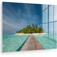 MuchoWow Glasschilderij 160x120 cm - Schilderij acrylglas - Zee - Pier - Eiland - Foto op glas - Muurdecoratie woonkamer - Wanddecoratie slaapkamer - Schilderijen