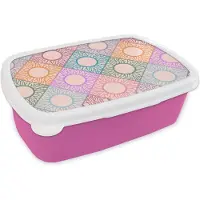 MuchoWow Broodtrommel Roze - Lunchbox - Brooddoos - Zonnebloem - Ruit - Patronen - 18x12x6 cm - Kinderen - Meisje