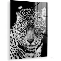 MuchoWow - Glasschilderij - Foto op glas - Dieren - Luipaard - Zwart - Wit - Acrylglas - 120x160 cm - Wanddecoratie - Glasschilderij luipaard - Muurdecoratie