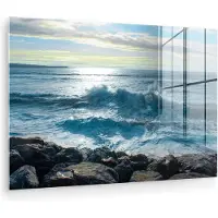 MuchoWow Glasschilderij 90x60 cm - Schilderij acrylglas - Zee - Stenen - Zon - Foto op glas - Muurdecoratie woonkamer - Wanddecoratie slaapkamer - Schilderijen