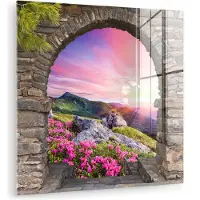 MuchoWow Glasschilderij 50x50 cm - Schilderij acrylglas - Landschap - Doorkijk - Bloemen - Berg - Foto op glas - Muurdecoratie woonkamer - Wanddecoratie slaapkamer - Schilderijen