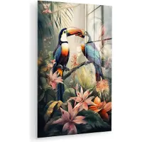 MuchoWow Glasschilderij 120x180 cm - Schilderij acrylglas - Toekan - Vogels - Bloemen - Natuur - Jungle - Foto op glas - Muurdecoratie woonkamer - Wanddecoratie slaapkamer - Schilderijen