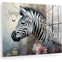 MuchoWow Glasschilderij 80x60 cm - Schilderij acrylglas - Zebra - Wilde dieren - Vlinder - Bloemen - Foto op glas - Muurdecoratie woonkamer - Wanddecoratie slaapkamer - Schilderijen