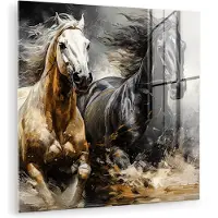 MuchoWow Glasschilderij 90x90 cm - Schilderij acrylglas - Paarden - Zwart - Wit - Dieren - Foto op glas - Muurdecoratie woonkamer - Wanddecoratie slaapkamer - Schilderijen
