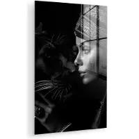 MuchoWow Glasschilderij 120x180 cm - Schilderij acrylglas - Vrouw - Panter - Luxe - Zwart - Wit - Dier - Foto op glas - Muurdecoratie woonkamer - Wanddecoratie slaapkamer - Schilderijen