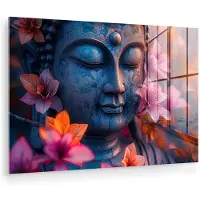 MuchoWow Glasschilderij 180x120 cm - Schilderij acrylglas - Boeddha - Portret - Bloemen - Buddha - Beeld - Foto op glas - Muurdecoratie woonkamer - Wanddecoratie slaapkamer - Schilderijen