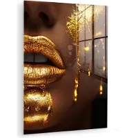 MuchoWow Glasschilderij 120x160 cm - Schilderij acrylglas - Vrouw - Goud - Gezicht - Verf - Lippen - Foto op glas - Muurdecoratie woonkamer - Wanddecoratie slaapkamer - Schilderijen