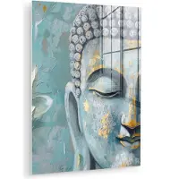 MuchoWow Glasschilderij 120x160 cm - Schilderij acrylglas - Boeddha - Bloem - Lotus - Goud - Blauw - Foto op glas - Muurdecoratie woonkamer - Wanddecoratie slaapkamer - Schilderijen