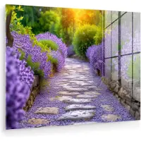 MuchoWow Glasschilderij 160x120 cm - Schilderij acrylglas - Bloemen - Pad - lavendel - Tuin - Foto op glas - Muurdecoratie woonkamer - Wanddecoratie slaapkamer - Schilderijen