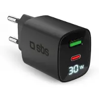 SBS PD reislader 30W USB-C/18W USB LCD GaN zwart, USB-lader, Zwart