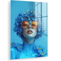 MuchoWow Glasschilderij 120x160 cm - Schilderij acrylglas - Vrouw - Bloem - Blauw - Modern - Bril - Portret - Foto op glas - Muurdecoratie woonkamer - Wanddecoratie slaapkamer - Schilderijen