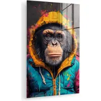 MuchoWow Glasschilderij 120x180 cm - Schilderij acrylglas - Graffiti - Chimpansee - Jas - Aap - Verf - Foto op glas - Muurdecoratie woonkamer - Wanddecoratie slaapkamer - Schilderijen