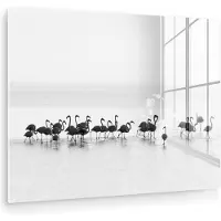 MuchoWow Glasschilderij 160x120 cm - Schilderij acrylglas - Flamingo's - Water - Natuur - Zwart wit - Foto op glas - Muurdecoratie woonkamer - Wanddecoratie slaapkamer - Schilderijen