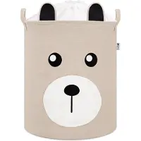 Polesie Beige Speelgoedopbergmand met Teddy Beer Gezicht - Katoenen Opbergbox - Kinderwasmand met Trekkoord - 43 Liter - 35x35x45 cm - Speelgoedmand -