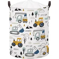 Siso Graafmachine Speelgoedopbergmand - Katoenen Opbergbox met Trekkoord - Constructie Voertuigen Print - 43 Liter - 35x35x45 cm - - Kledingmand - Wasmand - Takelwagen