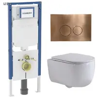 Geberit QeramiQ Dely Swirl Toiletset - 36.3x51.7cm - diepspoel - rimless - UP720 Duofix Sigma inbouwreservoir - slim zitting - koperen bedieningsplaat - ronde knoppen - mat wit