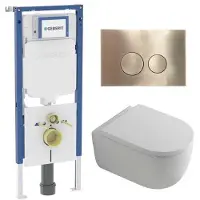 Geberit QeramiQ Dely Swirl Toiletset - 36.3x51.7cm - UP720 Duofix Sigma inbouwreservoir - rimless - diepspoel - 35mm zitting - bedieningsplaat geborsteld messing - ronde knoppen - mat wit