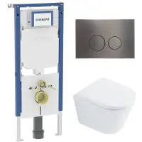 Geberit QeramiQ Dely Toiletset - 36.3x51.7cm - diepspoel - rimless - UP720 inbouwreservoir - softclose toilet zitting 35 mm - gunmetal bedieningsplaat - ronde knoppen - wit glans SW1026255 /