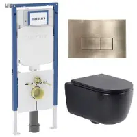 Geberit QeramiQ Dely Swirl Toiletset - 36.3x51.7cm - UP720 Duofix Sigma inbouwreservoir - slim zitting - geborsteld messing bedieningsplaat - rechthoekige knoppen - mat zwart