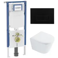 Geberit QeramiQ Dely Toiletset - 36.3x51.7cm - diepspoel - rimless - UP720 inbouwreservoir - softclose toilet zitting 35 mm - kunstof mat zwarte bedieningsplaat - rechthoekige knoppen - wit glans