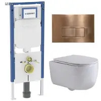 Geberit QeramiQ Dely Swirl Toiletset - 36.3x51.7cm - UP720 Duofix Sigma inbouwreservoir - rimless - diepspoel - slim zitting - bedieningsplaat koper - rechthoekige knoppen - mat wit
