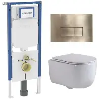Geberit QeramiQ Dely Swirl Toiletset - 36.3x51.7cm - diepspoel - rimless - UP720 Duofix Sigma inbouwreservoir - slim zitting - geborsteld messing bedieningsplaat - rechtehoekige knoppen - mat wit