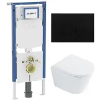 Geberit QeramiQ Dely Toiletset - 36.3x51.7cm - diepspoel - rimless - UP720 inbouwreservoir - softclose toilet zitting 35 mm - metaal mat zwarte bedieningsplaat - ronde knoppen - wit glans SW1026255 /