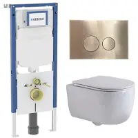 Geberit QeramiQ Dely Swirl Toiletset - 36.3x51.7cm - diepspoel - rimless - UP720 Duofix Sigma inbouwreservoir -slim zitting - geborsteld messing bedieningsplaat - ronde knoppen - wit mat