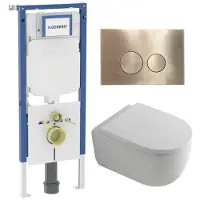 Geberit QeramiQ Dely Swirl Toiletset - 36.3x51.7cm - UP720 Duofix Sigma inbouwreservoir - 35mm zitting - bedieningsplaat geborsteld messing - ronde knoppen - glans wit