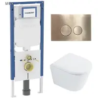 Geberit QeramiQ Dely Toiletset - 36.3x51.7cm - UP720 inbouwreservoir - rimless - diepspoel - 35mm zitting - softclose - bedieningsplaat geborsteld messing - ronde knoppen - glans wit SW1026255 /