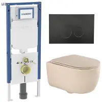 Geberit QeramiQ Dely Swirl Toiletset - 36.3x51.7cm - UP720 Duofix Sigma inbouwreservoir - slim zitting - mat zwarte metalen bedieningsplaat - ronde knoppen - mat beige