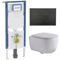 Geberit QeramiQ Dely Swirl Toiletset - 36.3x51.7cm - UP720 Duofix Sigma inbouwreservoir - slim zitting - metalen bedieningsplaat mat zwart - ronde knoppen - glans wit