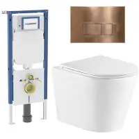Geberit QeramiQ Dely Toiletset - 36.3x51.7cm - diepspoel - rimless - UP720 inbouwreservoir - softclose toiletzitting - koperen bedieningsplaat - rechtehoekige knoppen - wit mat