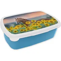 MuchoWow Broodtrommel Blauw - Lunchbox - Brooddoos - Paard - Zonnebloem - Lucht - Pastel - 18x12x6 cm - Kinderen - Jongen